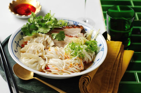 Roasted pork belly and dumpling noodle soup