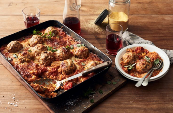 Roasted pork belly polpette with polenta tomato sauce