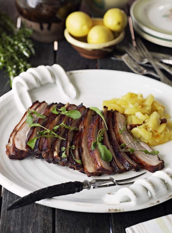 Roasted pork belly with apple and saffron sauce