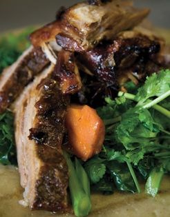 Roasted pork belly with Asian greens