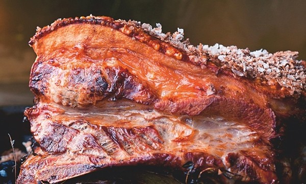 Roasted pork belly with crushed butternut squash and apple and walnut salsa