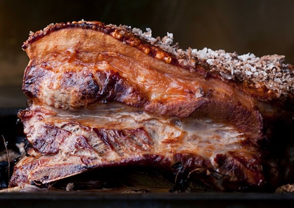 Roasted pork belly with crushed butternut squash and apple and walnut salsa