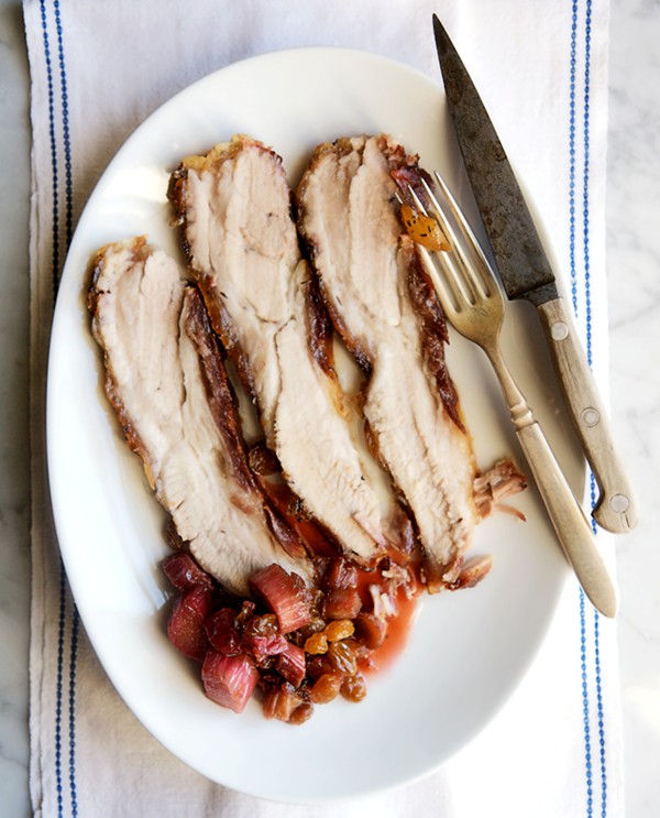 Roasted pork belly with gingery rhubarb compote