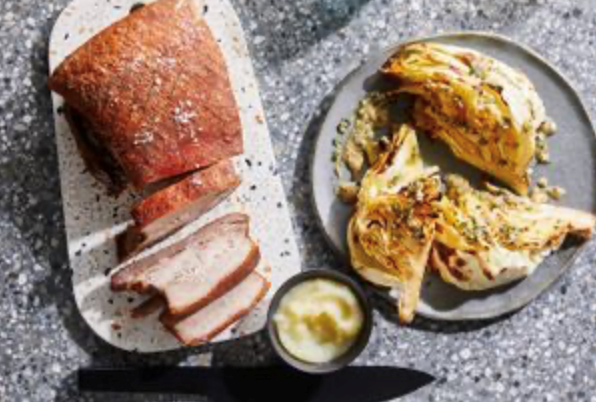 Roasted pork belly with spiced pear sauce