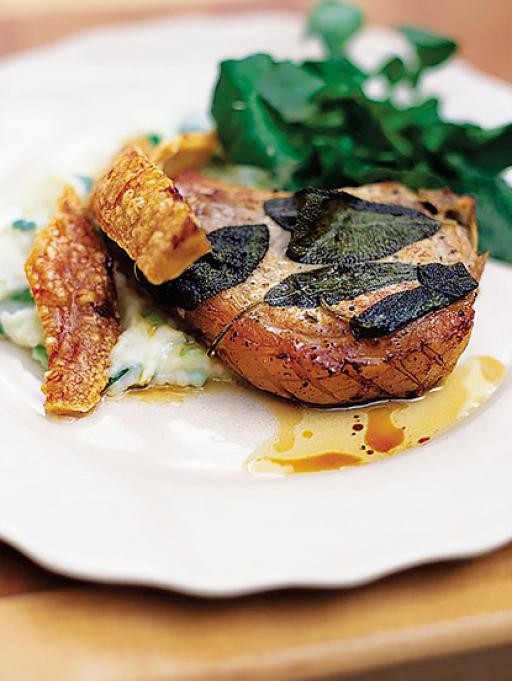 Roasted pork chops with sage and champ