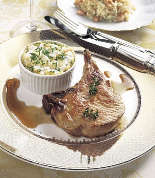 Roasted pork chops with serrano ham vinaigrette