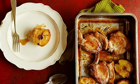 Roasted pork cutlets with baked apple, Amontillado and rosemary