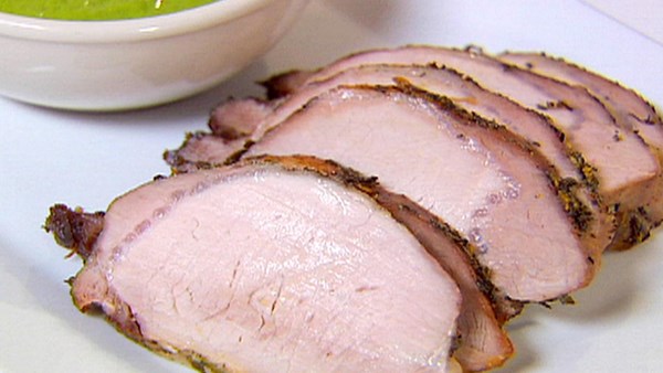 Roasted pork loin with parsley-shallot sauce