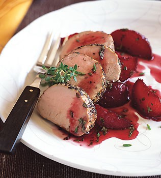 Roasted pork loin with poached plums
