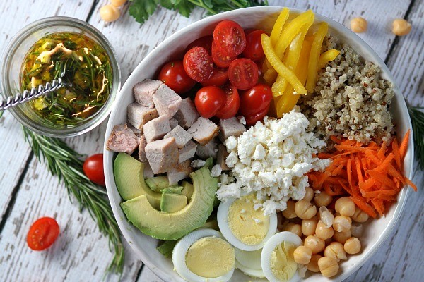 Roasted pork protein bowls with rosemary vinaigrette