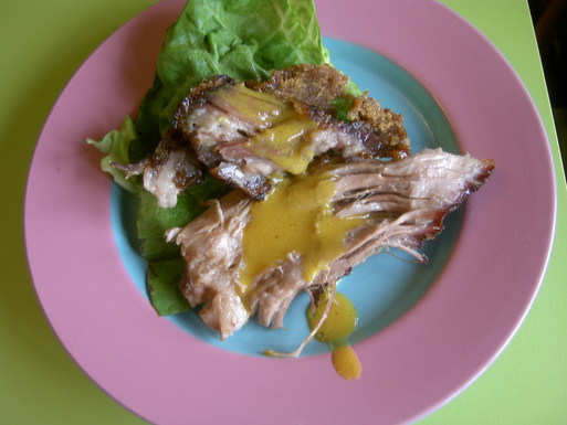 Roasted pork shoulder with mustard ginger sauce
