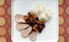 Roasted pork tenderloin with black bean-chorizo ragu