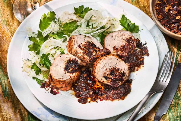 Roasted pork tenderloin with warm plum vinaigrette