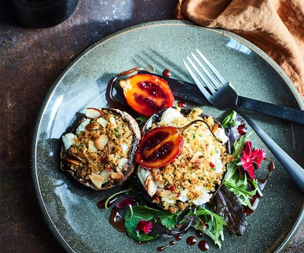 Roasted portabellos with goat's cheese, chilli garlic crumble & balsamic tamarillos