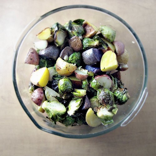 Roasted potato and Brussels sprouts "salad"