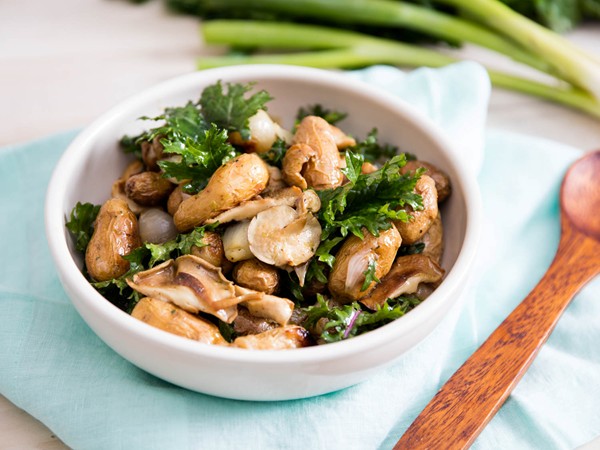 Roasted potato and shallot salad with marinated mushrooms and kale