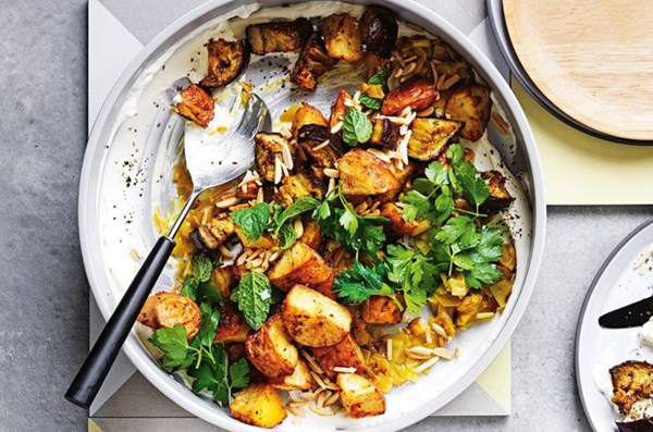 Roasted potato, eggplant and leek