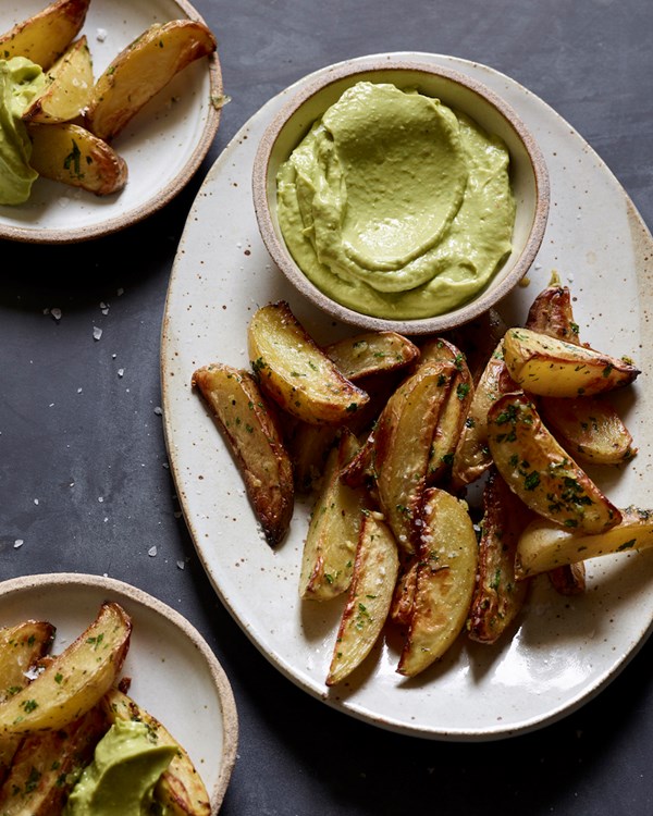 Roasted potato fries with avocado aioli