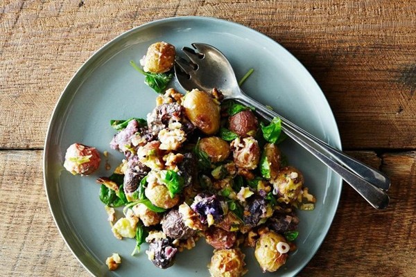 Roasted potato salad with mustard-walnut vinaigrette