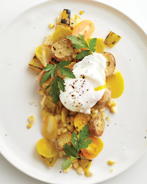Roasted potato salad with poached eggs