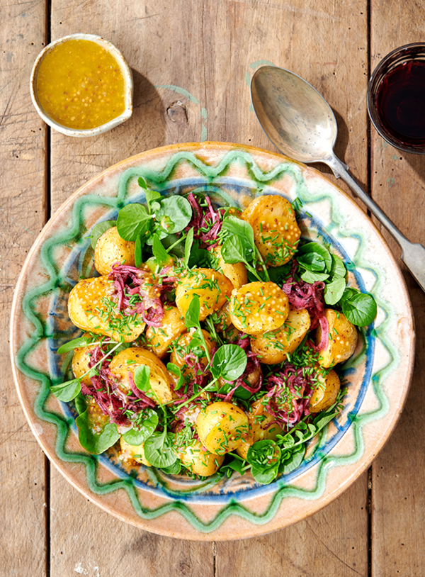 Roasted potato salad with sumac onions and mustard dressing