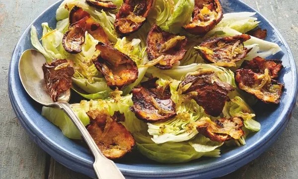 Roasted potato skin and iceberg lettuce salad