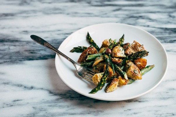 Roasted potato, sunchoke, and asparagus salad with ramps