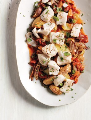 Roasted potatoes and haddock puttanesca