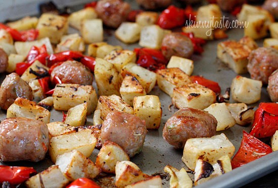 Roasted potatoes, chicken sausage and peppers