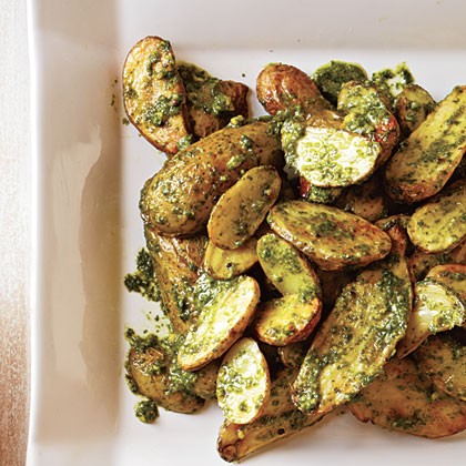 Roasted potatoes with arugula-pistachio pesto