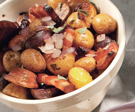 Roasted potatoes with bacon, onions, and sage