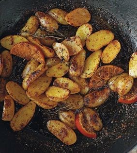 Roasted potatoes with garlic, orange, and mustard