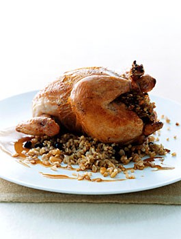 Roasted poussins with green-wheat stuffing