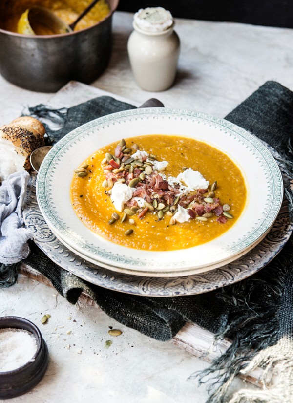Roasted pumpkin & apple soup with goat's cheese and bacon