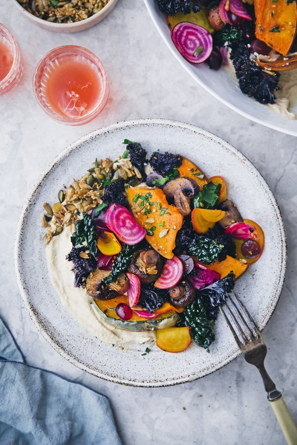 Roasted pumpkin & hummus winter salad