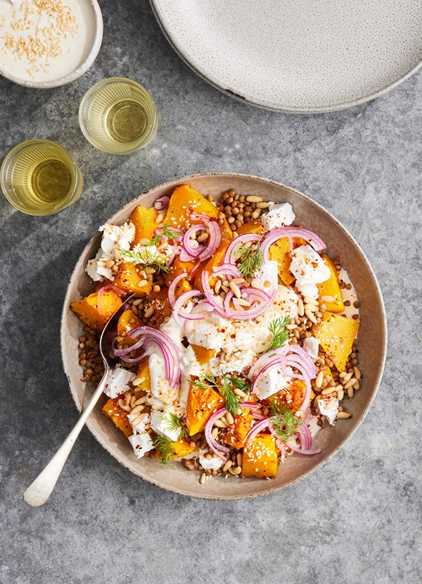 Roasted pumpkin and lentil salad with feta and yoghurt dressing