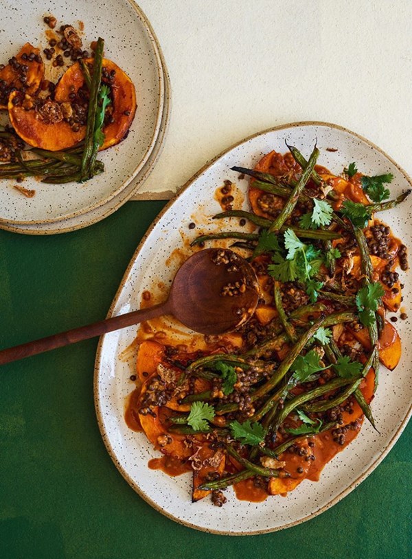 Roasted pumpkin and lentil salad with gochujang dressing