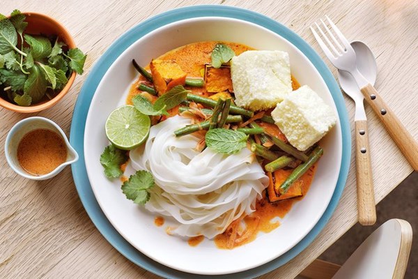 Roasted pumpkin, crispy tofu, coconut and lime dressing