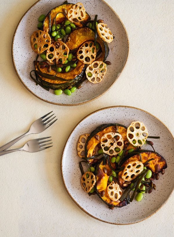 Roasted pumpkin, lotus root and edamame with seaweed