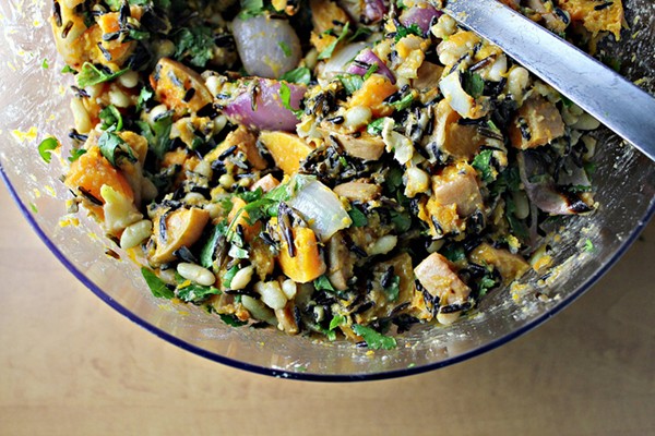 Roasted pumpkin, wild rice and white bean salad with a ginger sunflower seed dressing