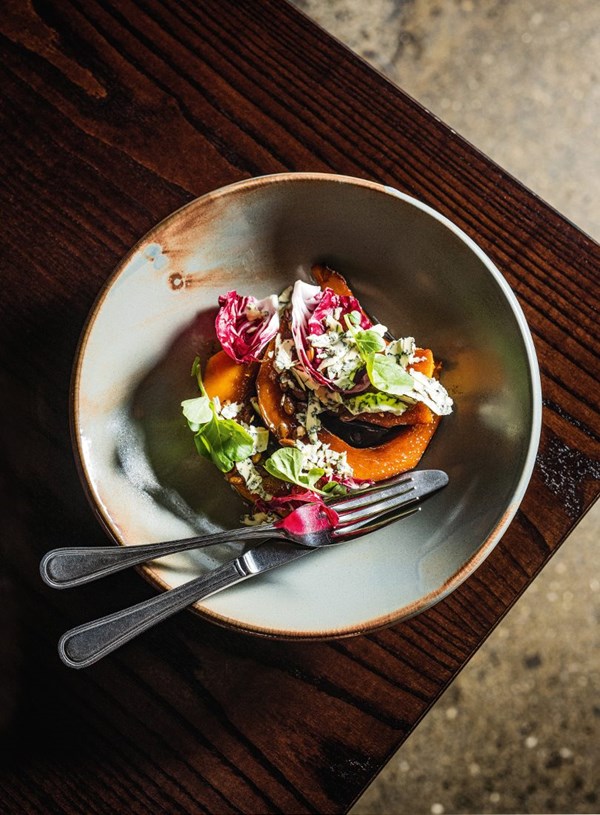 Roasted pumpkin with balsamic caramel, radicchio & Blue Monkey cheese