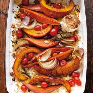 Roasted pumpkin with garlic, sweet potatoes & cherry tomatoes