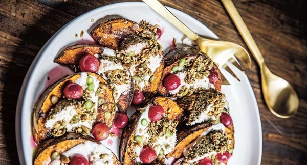 Roasted pumpkin with pickled grapes, shanklish and pumpkin seed dressing