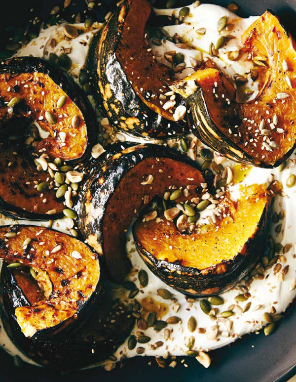 Roasted pumpkin with sesame seeds, hazelnuts and yoghurt dressing (Psiti kolokitha me yiaourti)