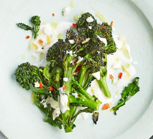 Roasted purple sprouting broccoli with feta & preserved lemon