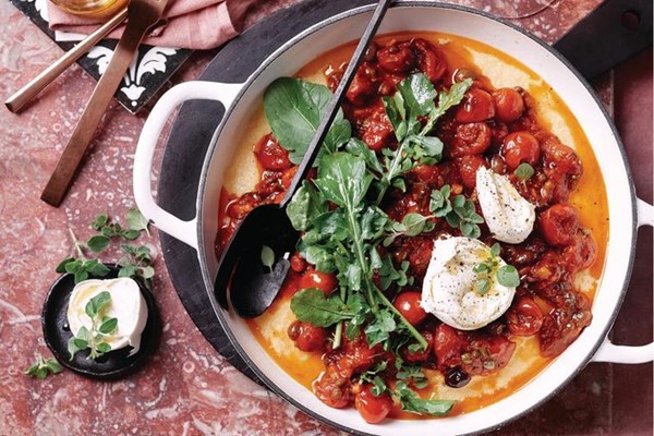 Roasted puttanesca sauce with polenta