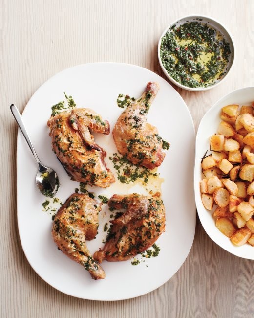 Roasted quartered chicken with herb sauce