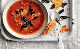 Roasted quinoa and tomato soup with Parmesan wafers and crispy basil