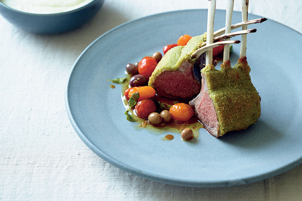 Roasted rack of lamb, marjoram and Parmesan crust, melted tomato and olive sauce, white polenta