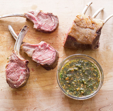 Roasted rack of lamb with sweet mint-almond relish